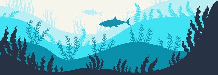 deep blue ocean underwater world life shark hand-drawn digital illustration