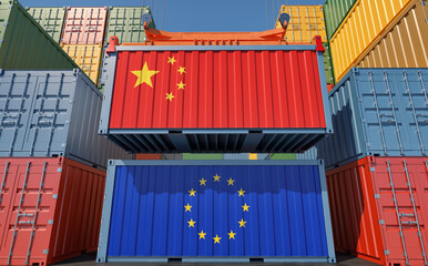 Container Terminal. Two cargo Container with China and European Union flags. 3D Rendering