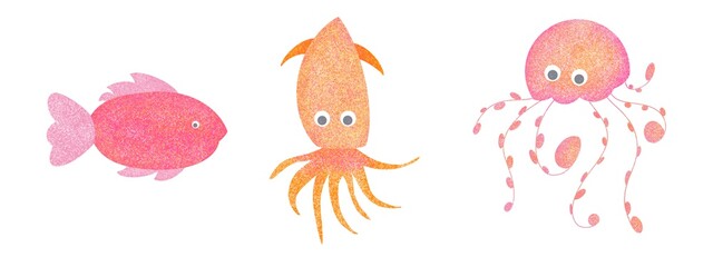 Obraz na płótnie Canvas Set of three fantasy textured animals hand drawn digital illustration fish octopus jellyfish