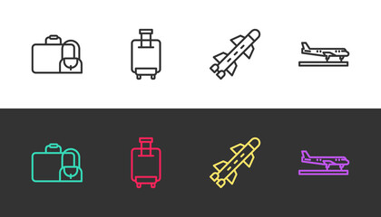 Set line Suitcase, , Rocket and Plane on black and white. Vector