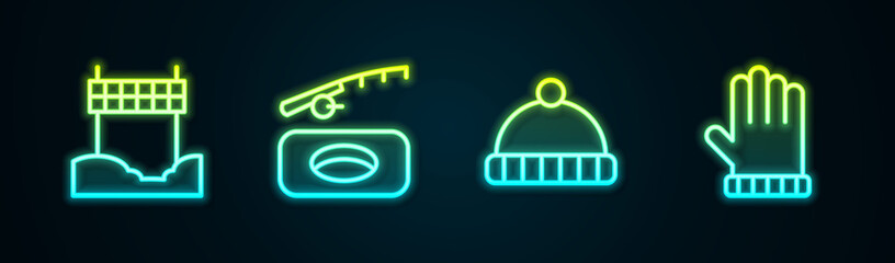 Set line Ribbon in finishing line, Winter fishing, hat and Christmas mitten. Glowing neon icon. Vector