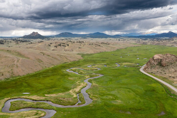 Aerial view of Tarryall Creek flowing through beautiful green valley in Pike National Forest, Colorado, USA.