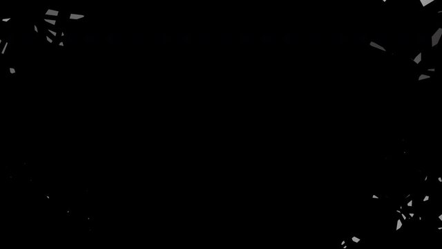 Thin white shell surface cracks, breaks into pieces and falls into a hole revealing a black background. 3D animated intro, alpha channel as matte mask included.