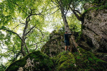 Man hugging tree in the forest