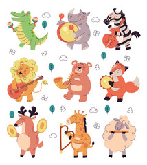 Fototapeta premium Happy smiling animals characters play music on different musician instrument isolated set. Vector flat graphic design illustration 