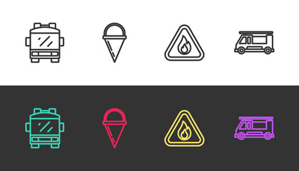 Set line Fire truck, cone bucket, flame in triangle and on black and white. Vector