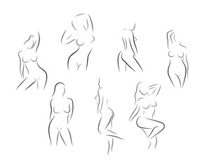Silhouette of a beautiful nude woman. Sketches of a naked female body in lines on a white background. Sketches on the topic of feminine beauty, health, personal hygiene and body care