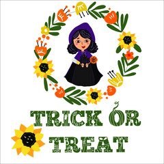 Happy Halloween, trick or treat, cute witch in a wreath of autumn flowers, with sweets, lollipops, sunflowers.