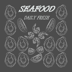 Hand drawn seafood set. Oyster dozen, shrimps and cutted lemon.  Vector illustration for menu, poster, postcard.