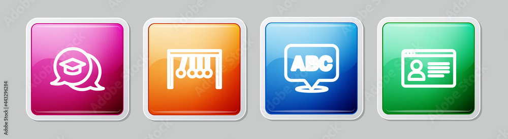 Fototapete set line graduation cap in speech bubble, pendulum, alphabet and online class. colorful square butto