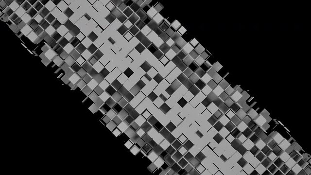 Gray square cells form diagonal abstract doors that closes the black screen. Nanotech concept. 3D animated transition intro with alpha channel as matte mask and chroma key color id.