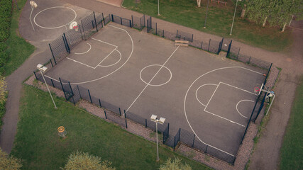 Aerial view of basketball court without players in public park