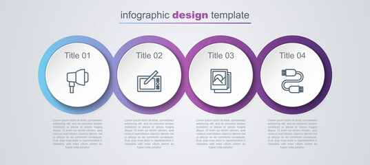 Set line Softbox light, Graphic tablet, Photo frame and USB cable cord. Business infographic template. Vector