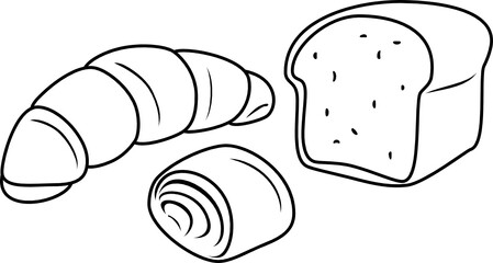 Croissant, bun and bread isolated on white. Outline drawing for grocery design