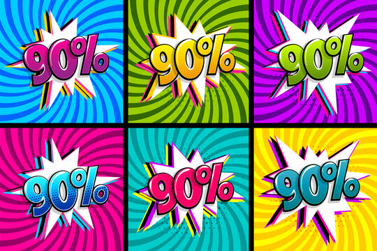 Comic text 90 percent quality set. Colored speech bubble on radial background. Comics book explosion wow boom offer collection. Halftone radial vintage. Promo sale ninety percent poster