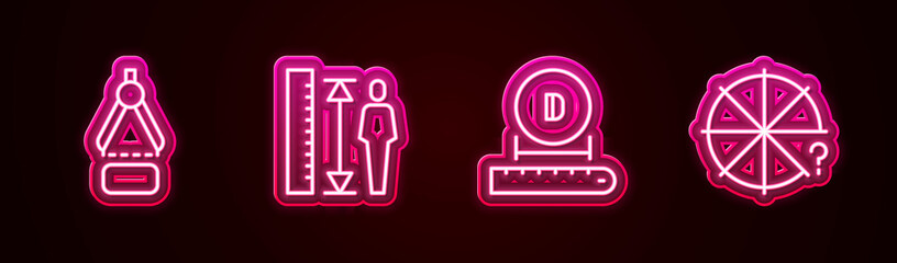 Set line Drawing compass, Measuring height body, Diameter and Circle of pieces. Glowing neon icon. Vector