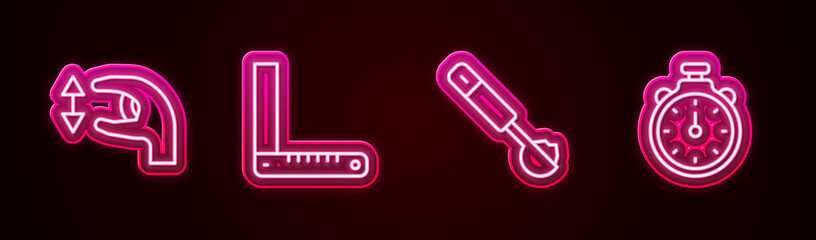 Set line Approximate measurements, Corner ruler, Measuring spoon and Stopwatch. Glowing neon icon. Vector