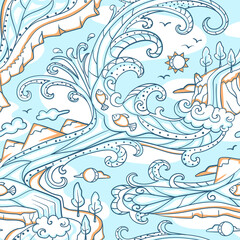 Orange, white and blue outlined river, waterfalls, mountains and fish. Seamless repeated surface vector pattern design.