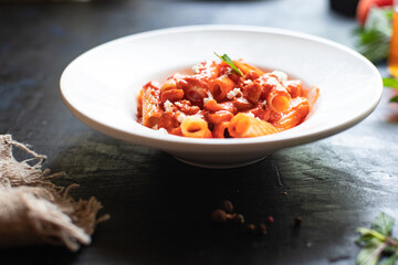 pasta tomato sauce macaroni dish classic recipe on the table meal snack copy space food background rustic top view 
