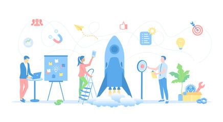 New Project Startup, Financial planning, Idea, Strategy, Management, Realization, Success. Team of specialists launch a rocket into space. Vector illustration flat style.