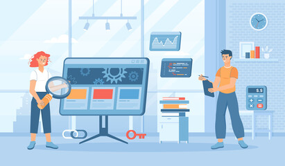 Site audit. Marketing strategy, SEO assessment and analyzing for website. Flat cartoon vector illustration with people characters for banner, website design or landing web page.