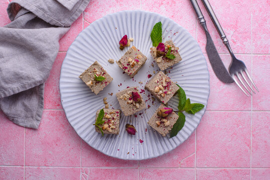 Halva with rose petal and nuts.