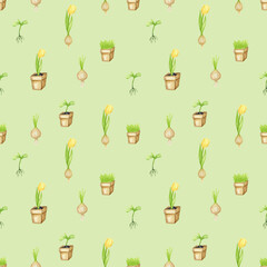 Watercolor gardening seamless pattern. Hand drawn garden flower grass pod elements background. Spring illustration. Colorful designer paper