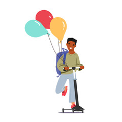Little Schoolboy with Backpack and Balloons Riding Scooter. Cheerful African American Student Back to School