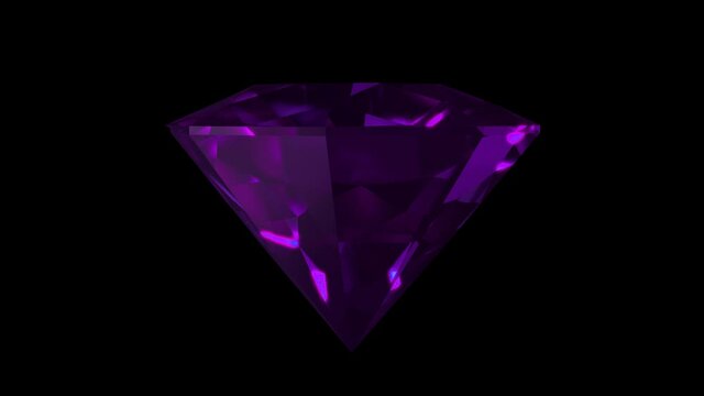 Sparkling purple round cut diamond rotating on black background. Shining amethyst