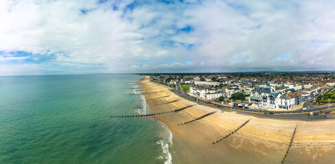 Panoramic aerial done view of Bognor Regis beach, West Sussex, England