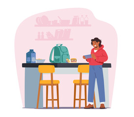 Child Take Lunch Box to School. Teenager on Kitchen with Backpack on Desk Prepare Food. Student Prepare to Learning