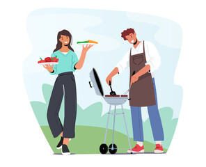 Male and Female Characters in Chief Apron Spend Time on Outdoor Bbq. Family or Friends Cooking Meat on Barbecue Machine