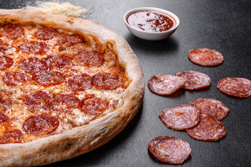 Pepperoni pizza with pizza sauce, mozzarella cheese and pepperoni