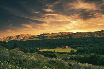 Fototapeta premium Wild mountains of Hemsedal. The nature is wild and the scenery is set. Golden hour light and dramatic sky. Country life here is not bad. 