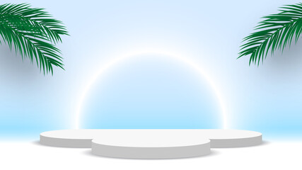 Obraz premium White blank round podium with palm leaves. Pedestal. Product display platform. Exhibition stand. Vector illustration.