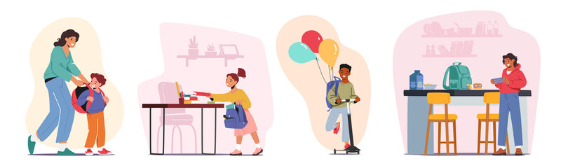 Fototapeta premium Set School Preparation, Kids Prepare for Studying Concept. Mother Character Take On Rucksack on Schoolboy