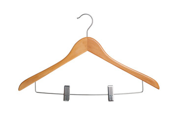 wooden clothes hanger with hangers and latches, isolated on a white background