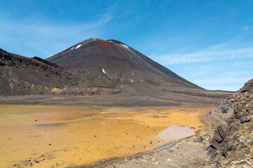 Hiking the Tongariro Alpine Crossing, view of Mount Ngauruhoe, North Island of New Zealand