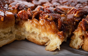 Pecan caramel sticky buns, closeup