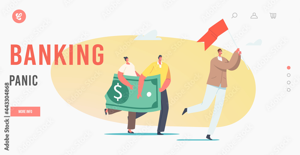 Poster banking panic landing page template. tiny characters with huge dollar fall apart or reduce value fol