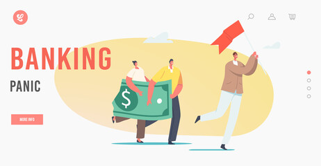 Banking Panic Landing Page Template. Tiny Characters with Huge Dollar Fall Apart or Reduce Value Follow Leader with Flag