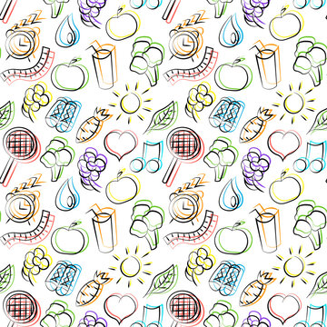 Seamless vector pattern with outline healthy lifestyle