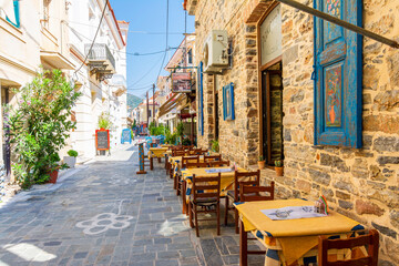 Vathy Village street view in Samos Island. Samos Island is populer tourist destination in Aegean Sea. - obrazy, fototapety, plakaty