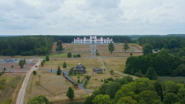 Beautiful aerial view of Puslovskies Palace the town of Kossovo. Panorama of the historic Palace.