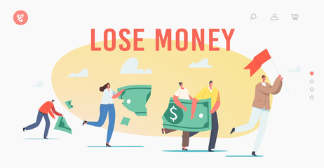 Characters Lose Money Landing Page Template. Investment in Financial Crisis, Profit and Loss Deflation and Inflation