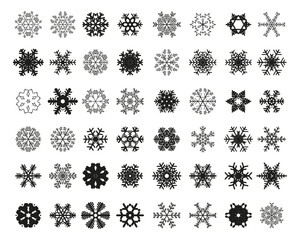 Set of different black snowflakes on a white background	
