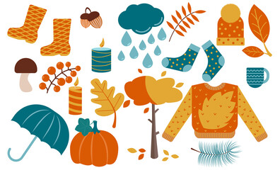 Autumn items set: leaves, pumpkin, sweater, candles and other. Fall season elements isolated vector illustration.