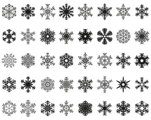Set of different black snowflakes on a white background	
