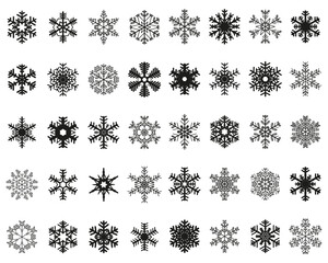 Set of different black snowflakes on a white background	
