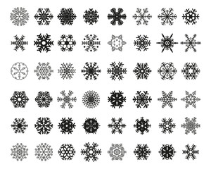 Set of different black snowflakes on a white background	
